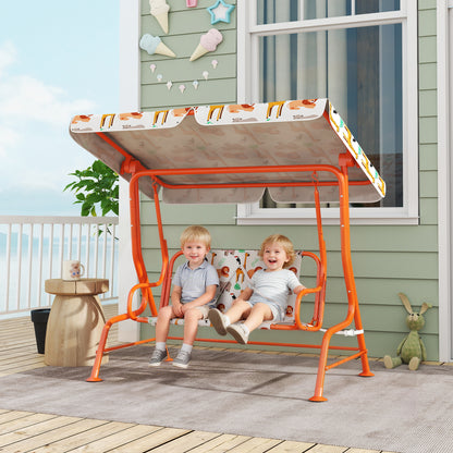 Kids Porch Swing, 2-Seater Patio Swing Bench Hammock with Seat Belts, Adjustable Canopy for Garden, Orange