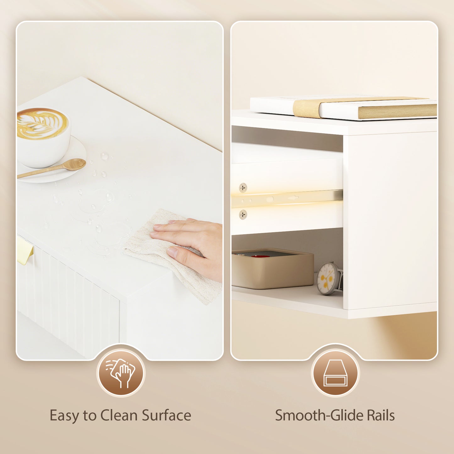 Set of 2 Wall Mounted Nightstands, Floating Bedside Tables with Fluted Drawer and Open Shelf for Small Bedroom, White