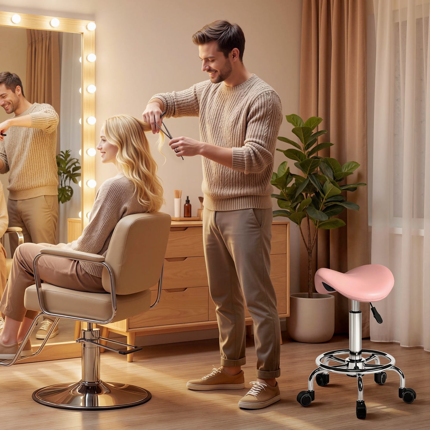 Salon Saddle Stool, Rolling Saddle Chair for Massage, Spa, Clinic, Beauty, Hairdressing and Tattoo, Pink