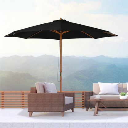 3(m) Garden Parasol, Pulley Operated Patio Umbrella, Wooden Table Market Umbrella with Rope Pulley Mechanism and 8 Ribs