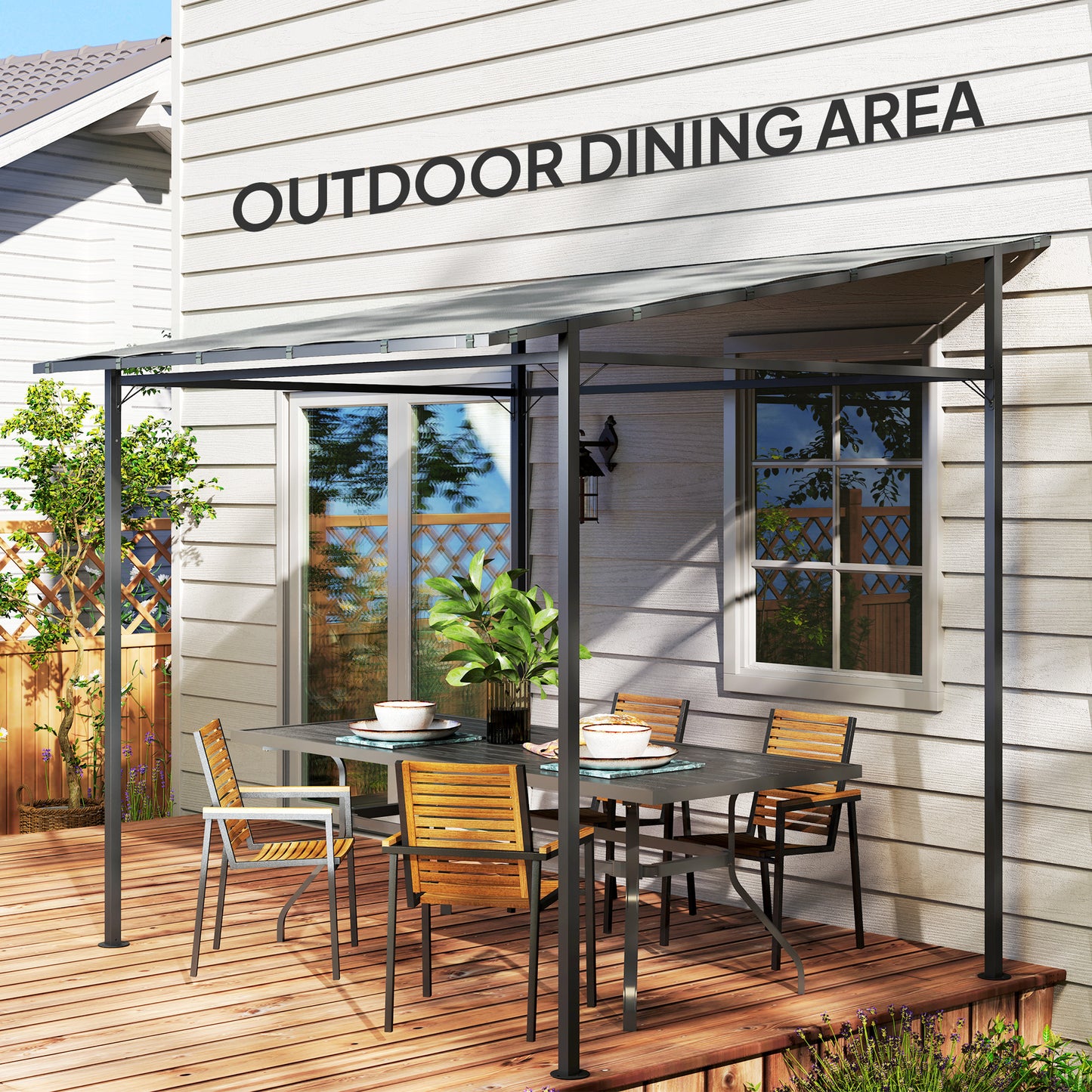 2.4 x 2.4 m Wall Mounted Pergola Gazebo with PA Coating Fabric, Metal Frame, UPF30+, Lean to Garden Gazebo, Light Grey
