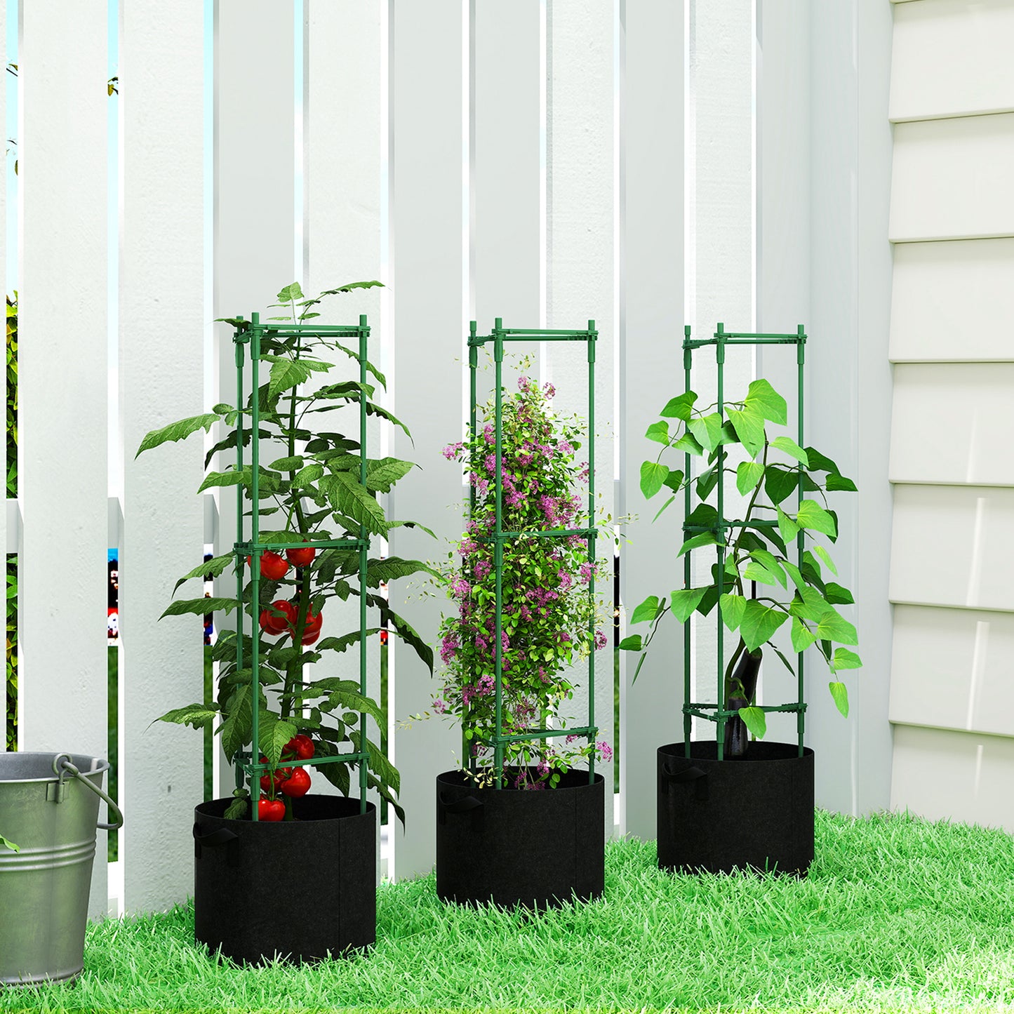 3 Packs Tomato Cages with 83.7L Grow Bags, 120cm Adjutstable Triangle Plant Stakes Support Trellis with Planter Bags
