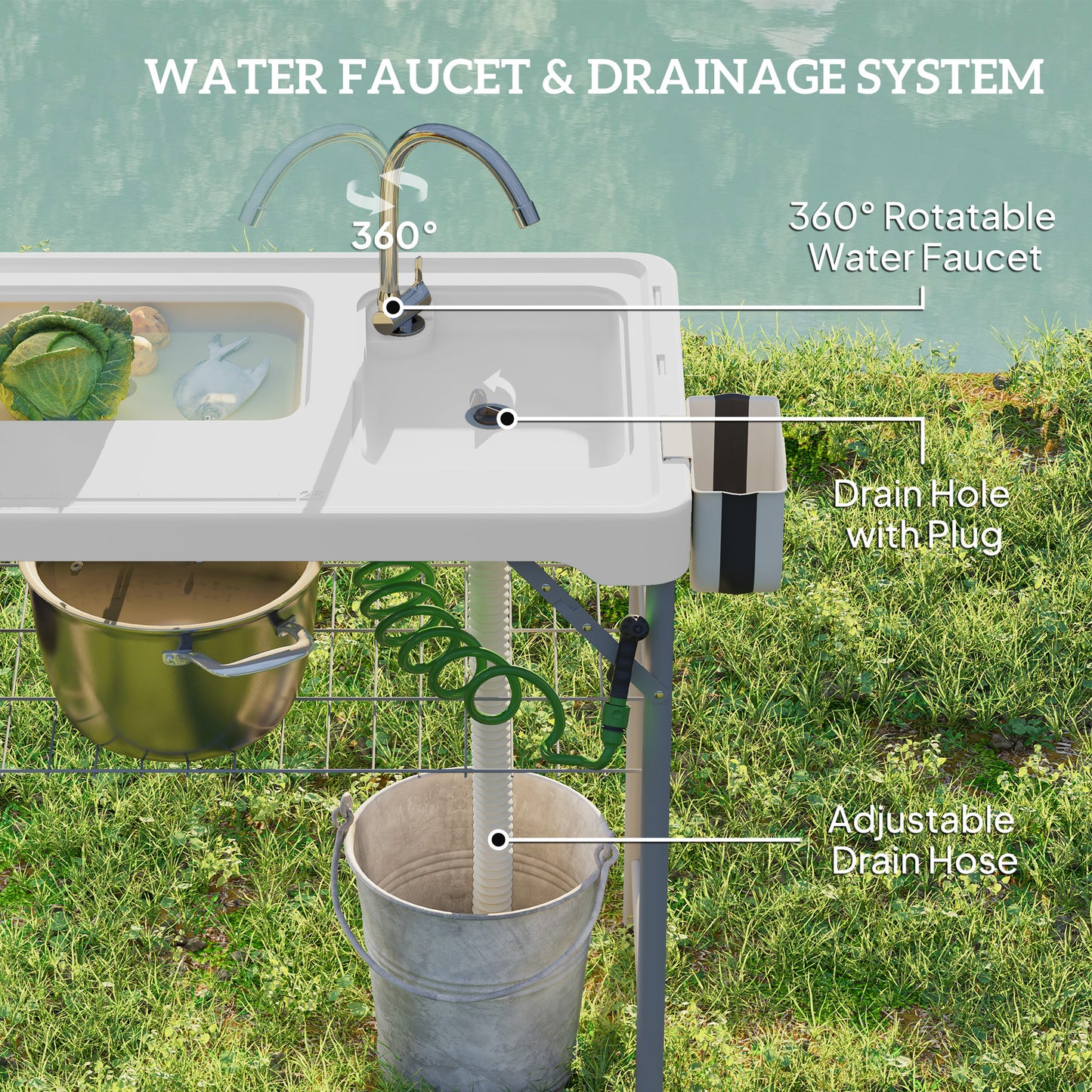 Folding Fish Cleaning Table with Sinks, Portable Camping Sink Table with Faucet, Drainage Hose