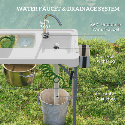 Folding Fish Cleaning Table with Sinks, Portable Camping Sink Table with Faucet, Drainage Hose