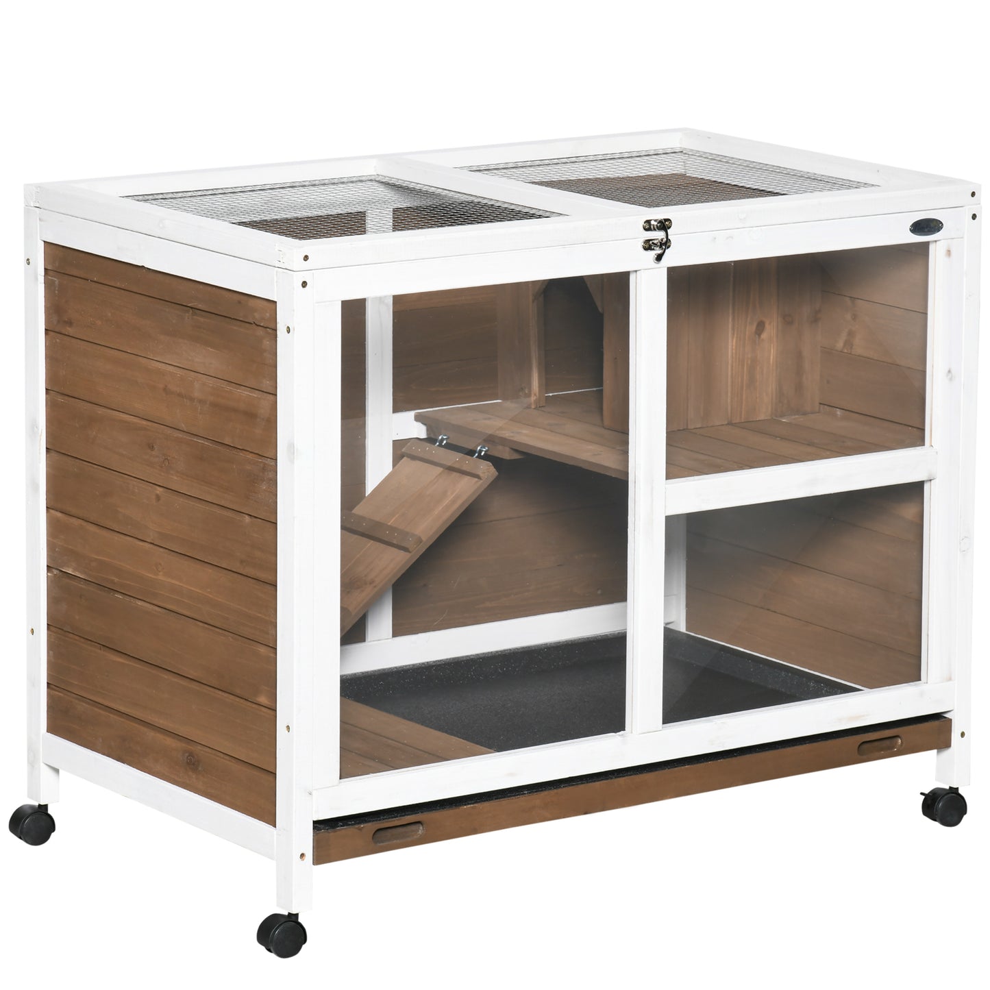 Wooden Rabbit Hutch, Bunny Cage w/ Tray, Ramp, Openable Roof, Wheels, 91.5 x 53.3 x 73cm - Brown