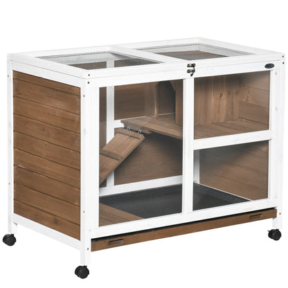 Wooden Rabbit Hutch, Bunny Cage w/ Tray, Ramp, Openable Roof, Wheels, 91.5 x 53.3 x 73cm - Brown