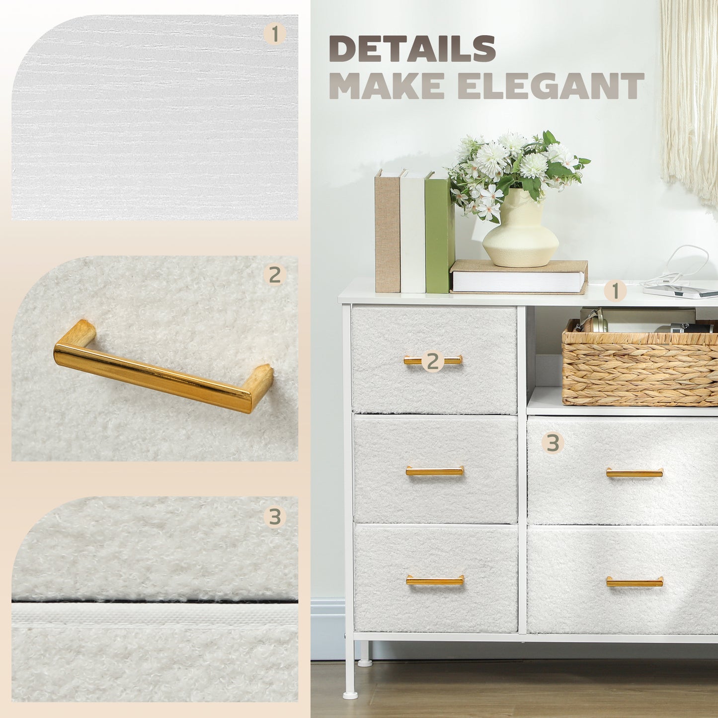 Boucle Chest of Drawers, 8 Fabric Drawers Storage Organiser with Charging Station, 2 USB and 2 AC Ports, Steel Frame
