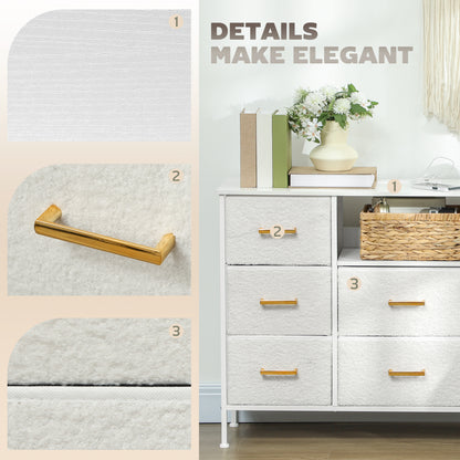 Boucle Chest of Drawers, 8 Fabric Drawers Storage Organiser with Charging Station, 2 USB and 2 AC Ports, Steel Frame