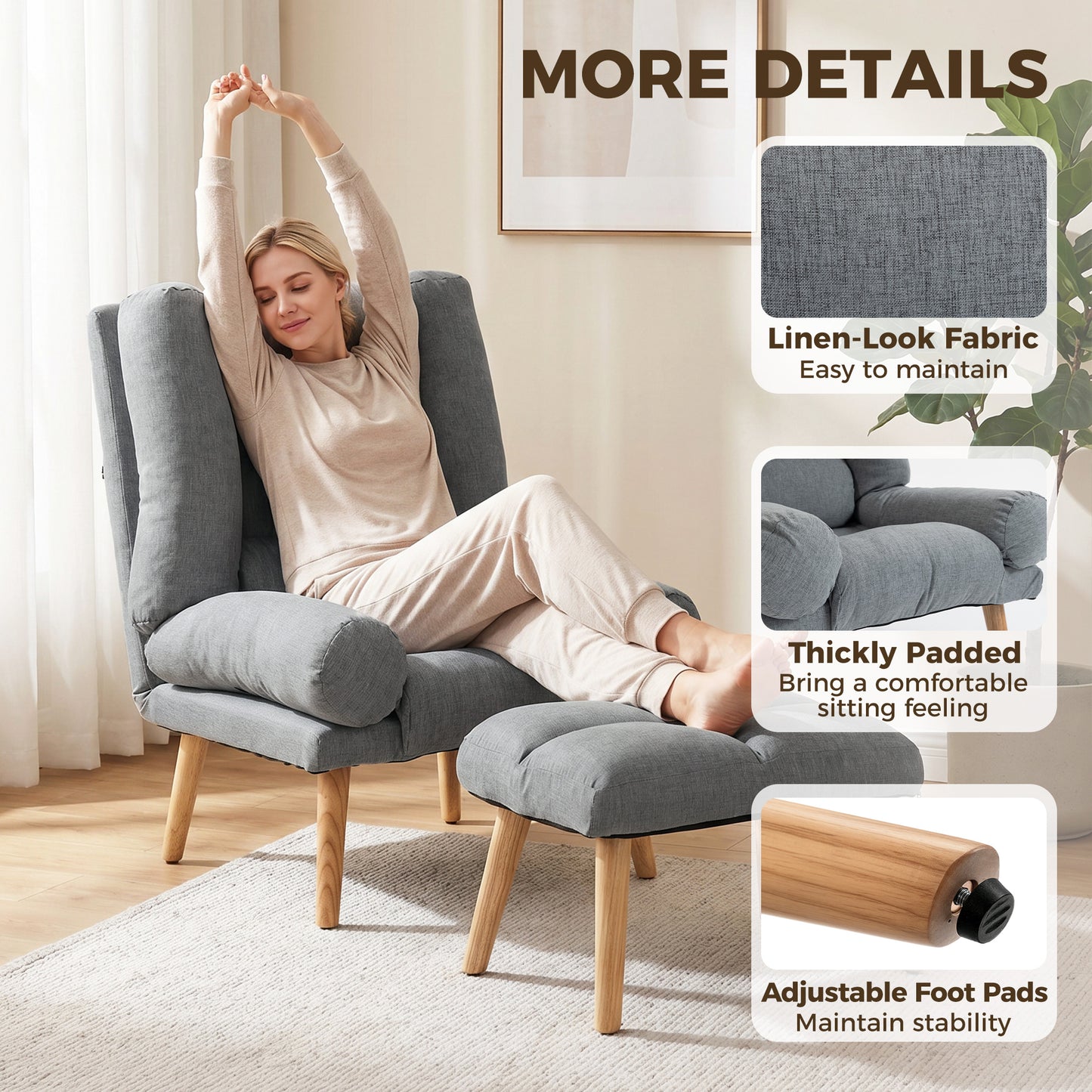 Recliner Chair with Footstool, Recliner Armchair with Adjustable Backrest, Thick Cushion and Wooden Legs, Grey