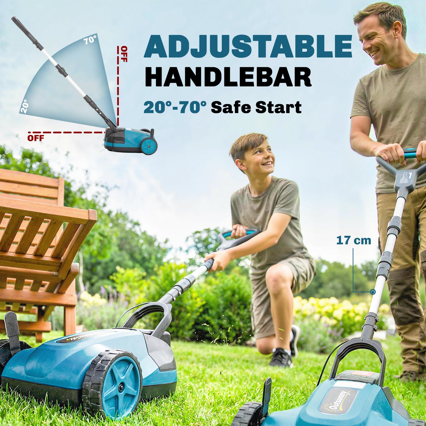18V Cordless Lawnmower with 2 x 4Ah Batteries & Charger, Battery Lawn Mower with 21cm Cutting Width, 3 Cutting Heights