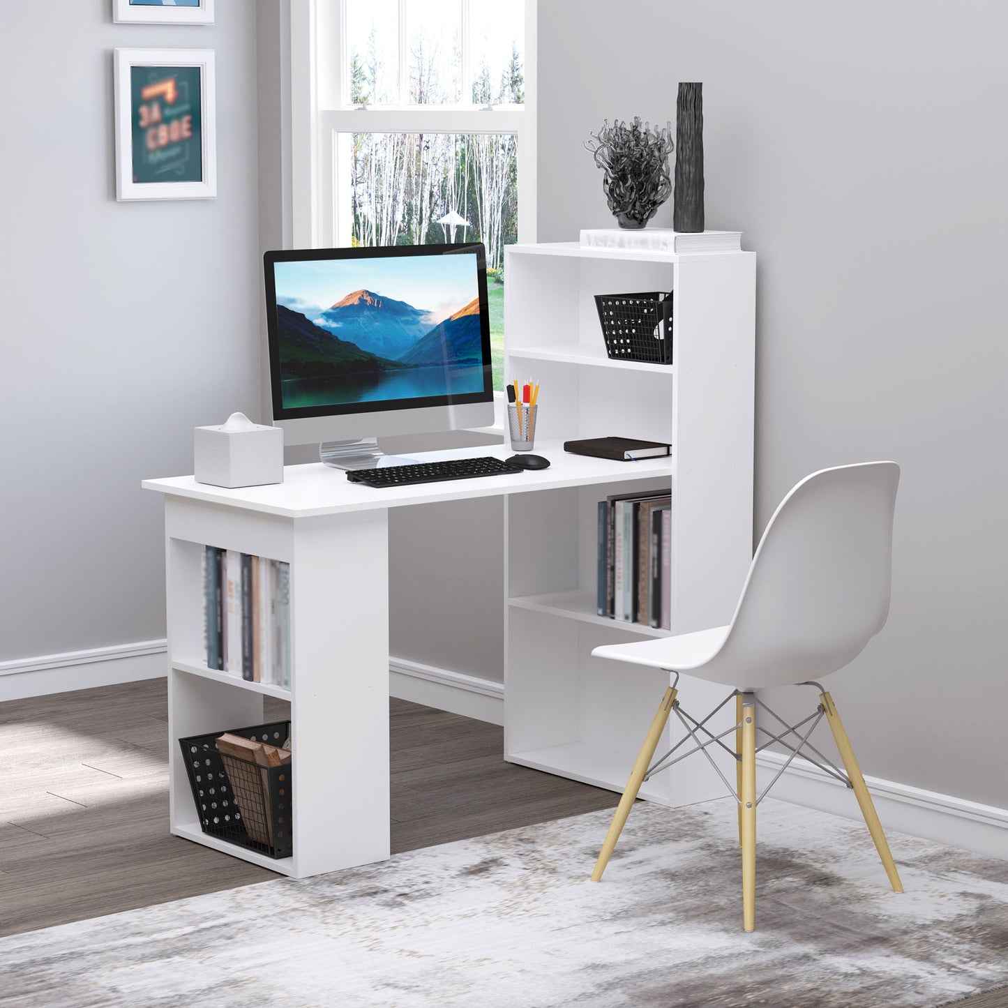 120cm Computer Desk, Wooden PC Laptop Table with 6-Tier Storage Bookshelves, Home Office Working Study Desk