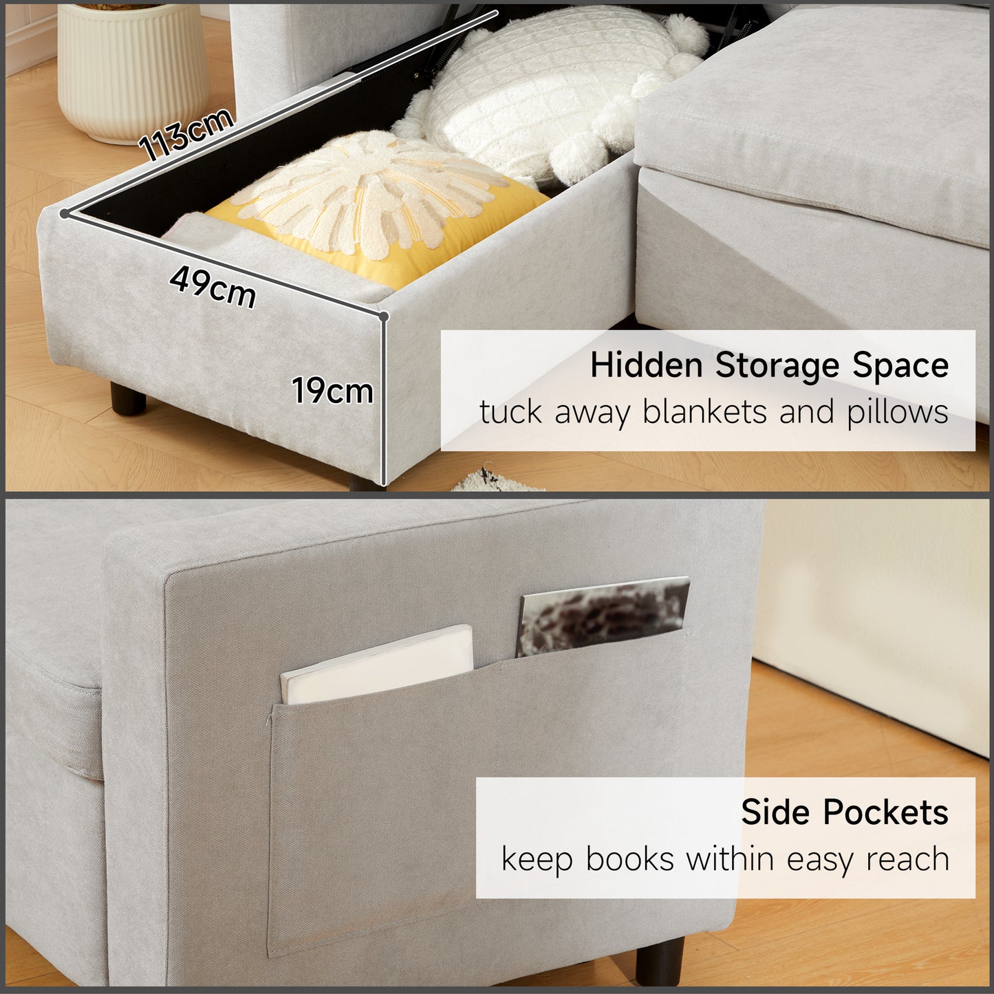Pull Out Sofa Bed with Storage - Light Grey
