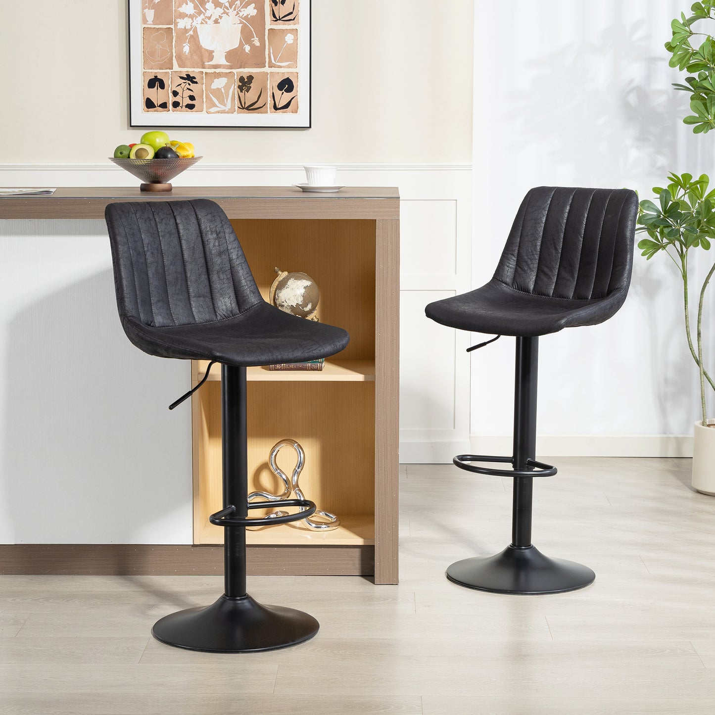Set of 2 Leathaire Tub Bar Stools - Black