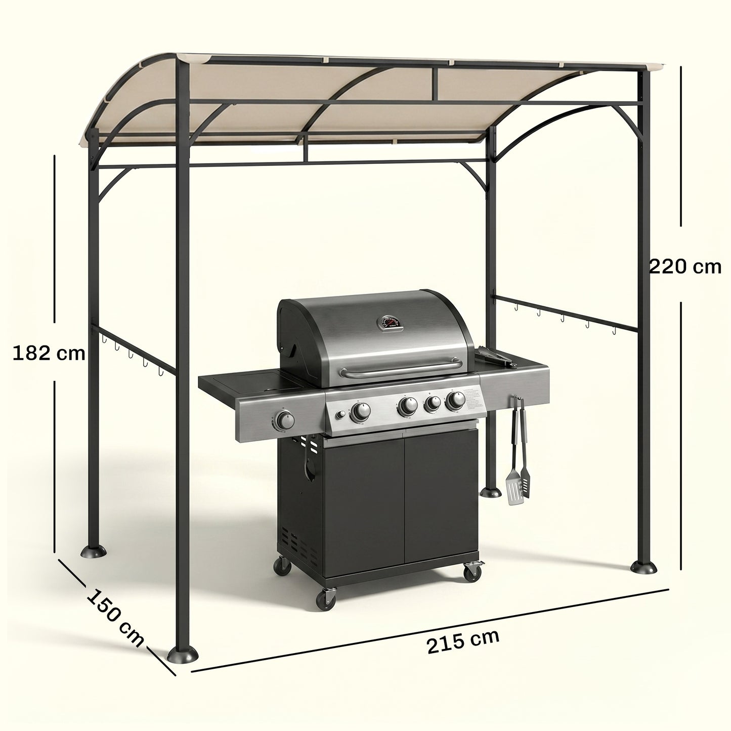 2.2 x 1.5 m BBQ Grill Gazebo Tent, Garden Grill with Metal Frame, Curved Canopy and 10 Hooks, Outdoor Sun Shade, Beige
