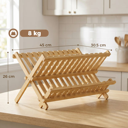 Kitchen Storage Unit, 2-Tier Foldable Kitchen Storage Rack with Slatted Draining Shelves, Natural Wood Finish