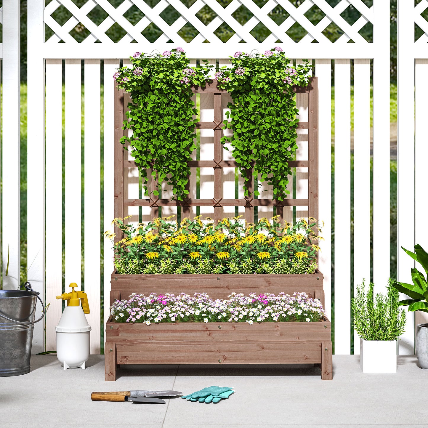 2-Tier Raised Garden Bed with Trellis, Wooden Elevated Planter Box with Drainage Holes
