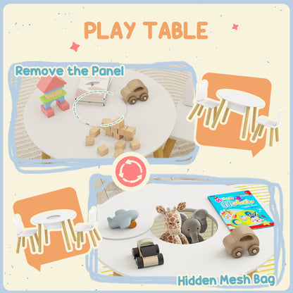 3-Piece Kids Activity Table Set with Centre Mesh Bag, Bear-Shaped Backrest, for Arts and Crafts, Reading, White