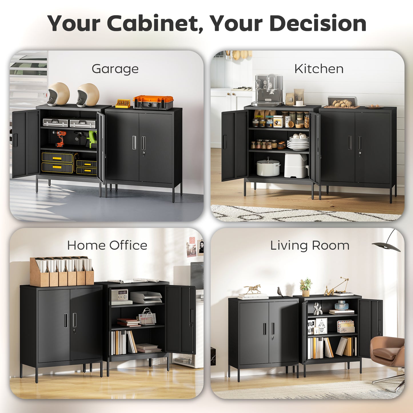 Metal Storage Cabinet with Lock and Adjustable Shelves - Black