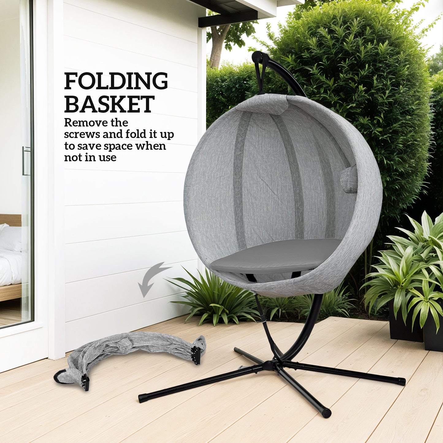 Hanging Egg Chair Outdoor Indoor Garden Swing Chair with Folding Basket, Thickened Cushion, Cup Holder for Patio, Balcony