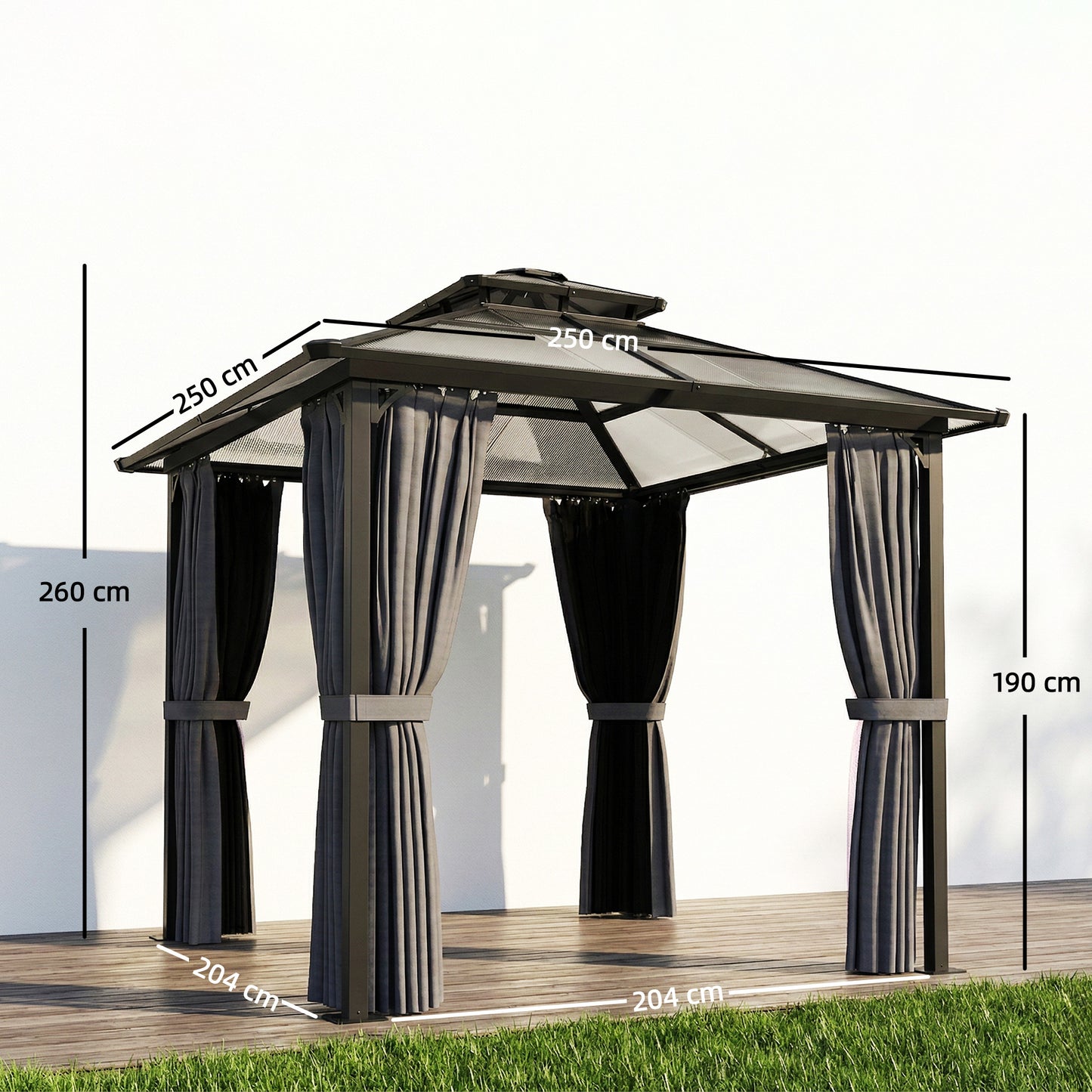 2.5 x 2.5 m Hardtop Gazebo Canopy with Double PC Roof, Drainage Gutters, Garden Gazebo Permanent Pavilion, Dark Grey