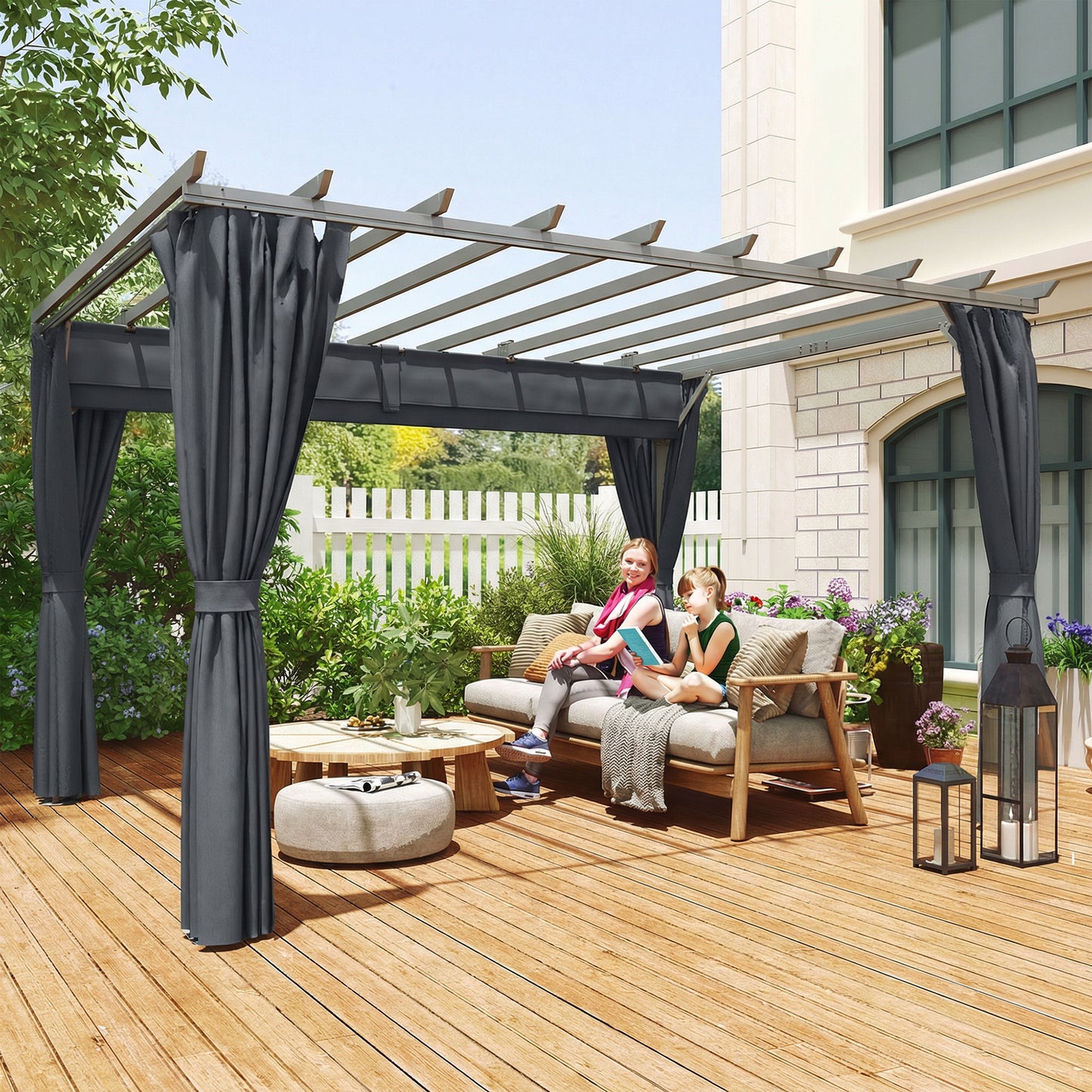 3.6 x 3 m Pergola with Retractable Roof Canopy, Curtains, Aluminium Garden Pergola Gazebo Sun Shade Shelter, Dark Grey