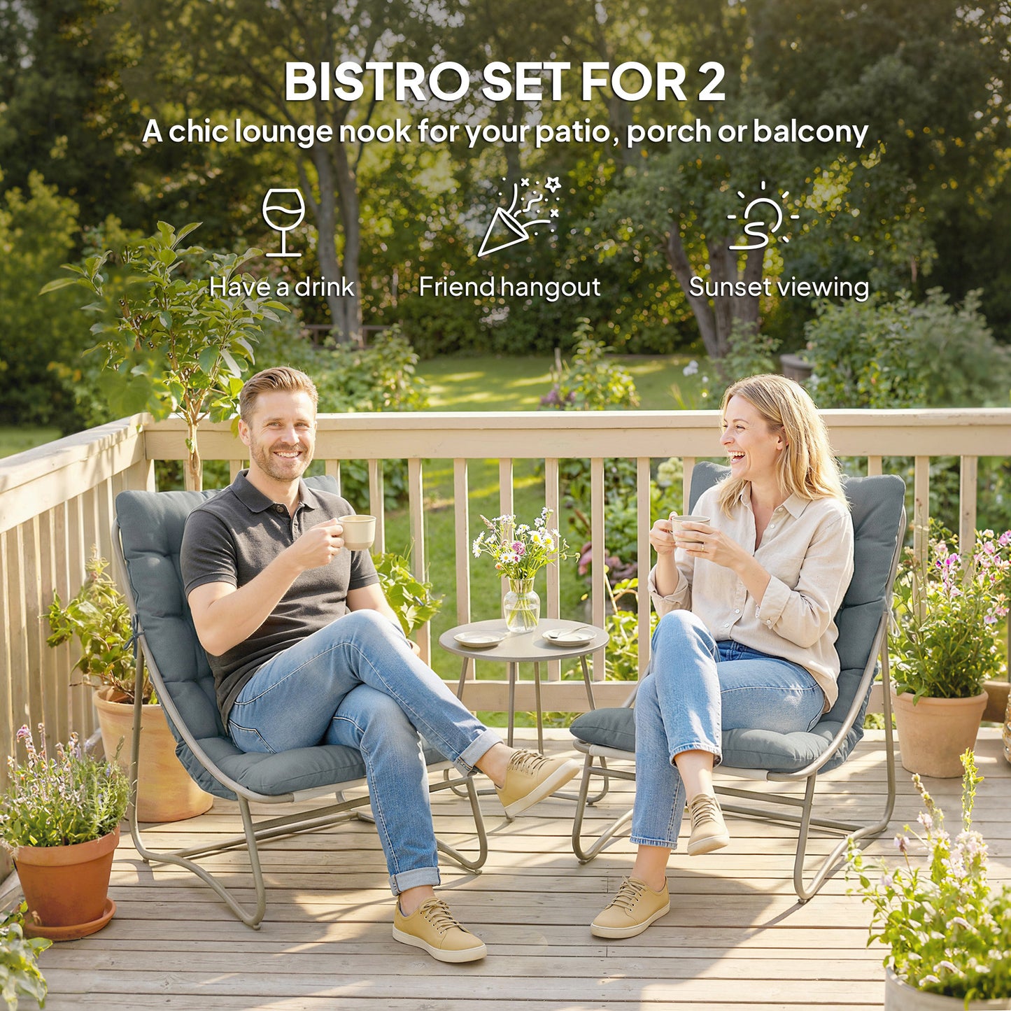 3 Piece Garden Bistro Set, Round Outdoor Bistro Table and Chairs Set for 2 with Texteline Seat and Cushions, Dark Grey