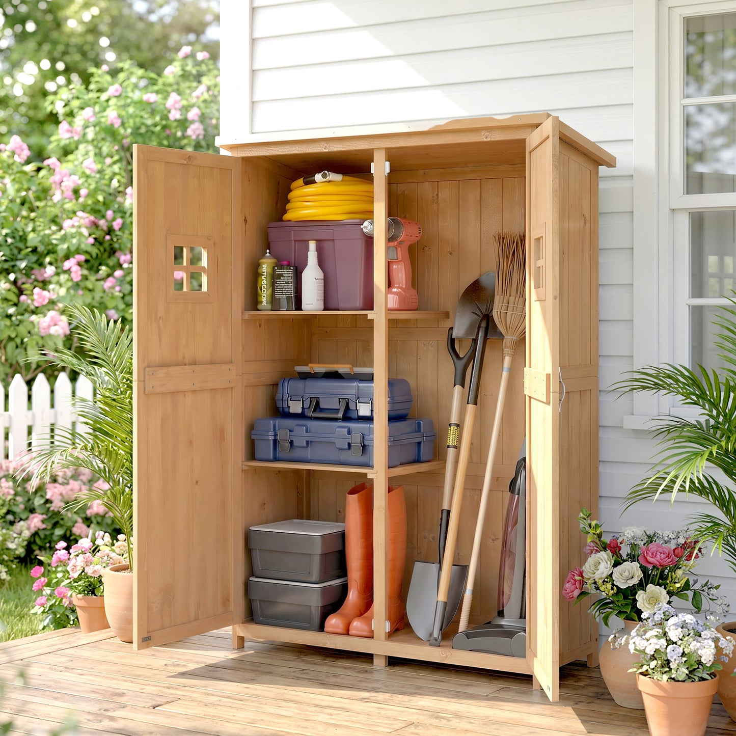 Wooden Garden Shed with Two Windows, Tool Storage Cabinet, Outdoor Double Door Organizer 127.5L x 50W x 164H cm, Natural