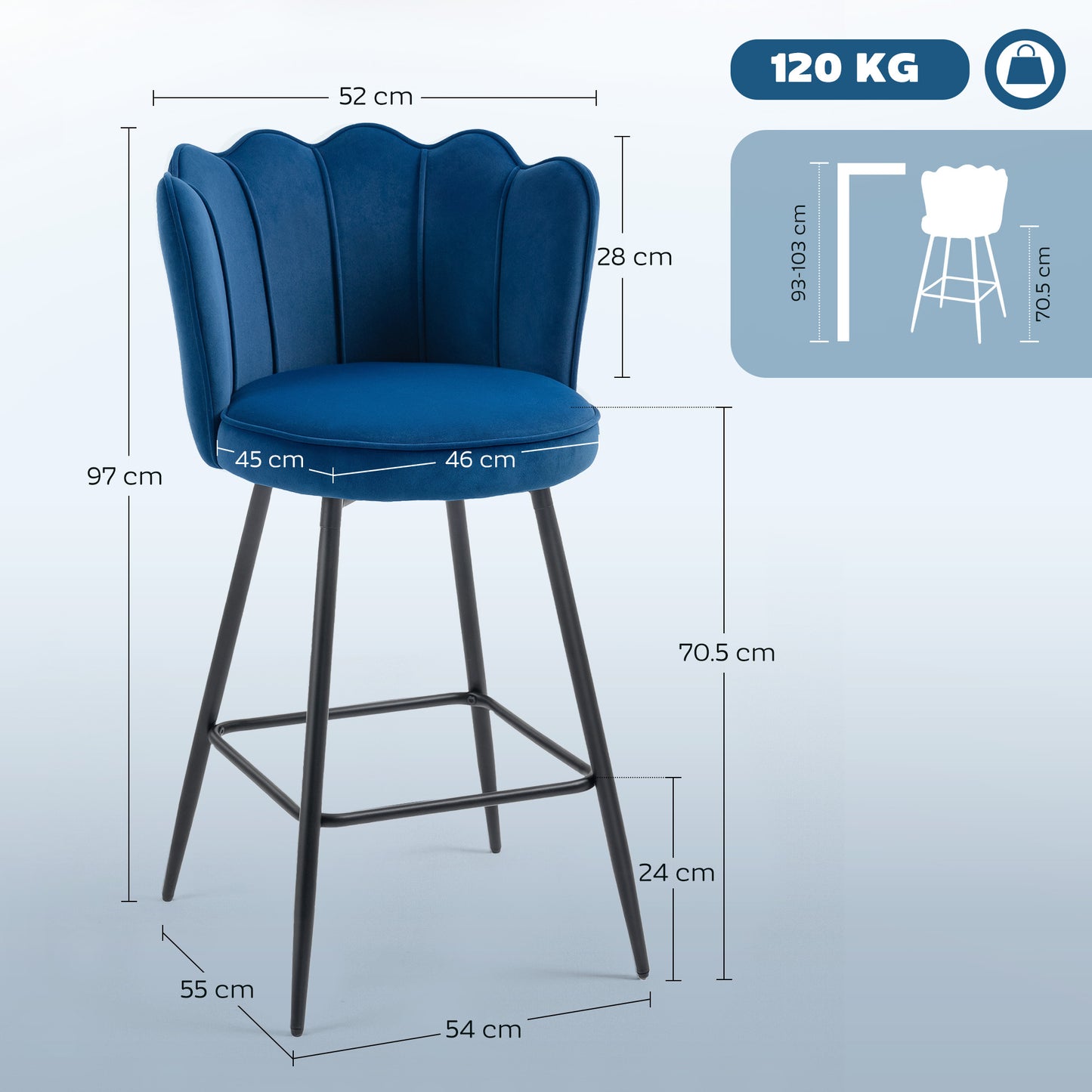 Set of Two Velvet-Feel Lotus Bar Stools - Dark Blue