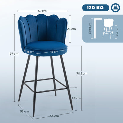 Set of Two Velvet-Feel Lotus Bar Stools - Dark Blue