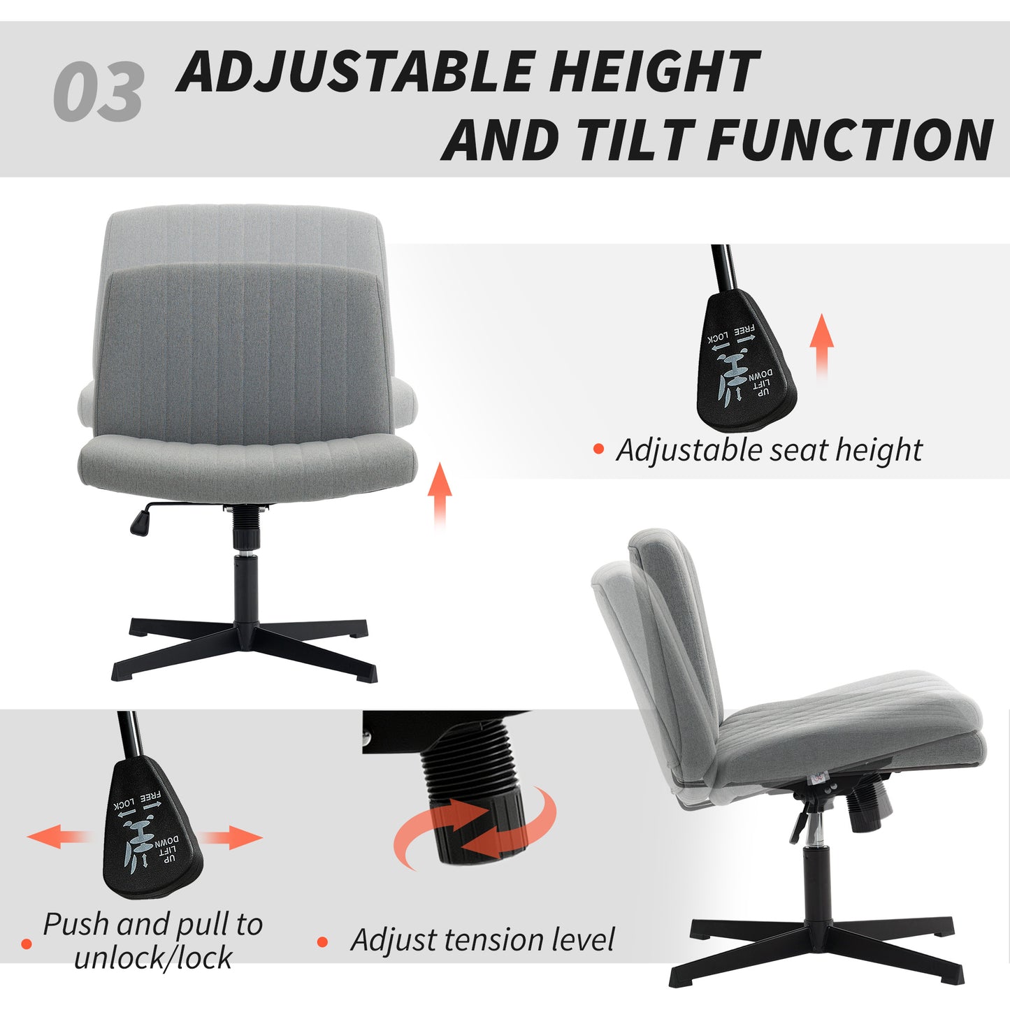 Armless Office Chair No Wheels, Linen Fabric Criss Cross Legged Desk Chair with Wide Seat, Thick Padding, Tilt Function