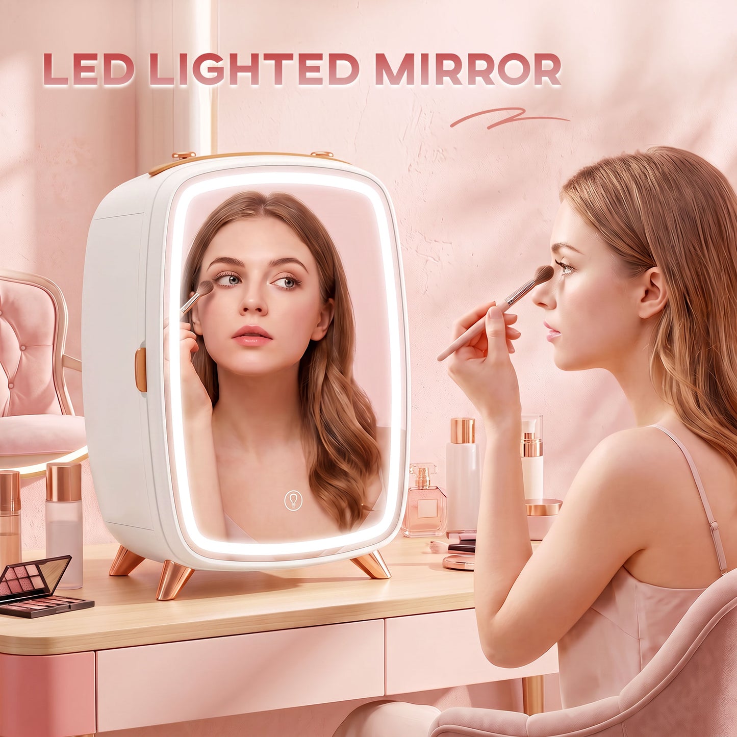 Skincare Refrigerator, 6L Mini Cosmetic Fridge with LED Mirror, Cooling Function for Bedroom, Skincare, Office, White