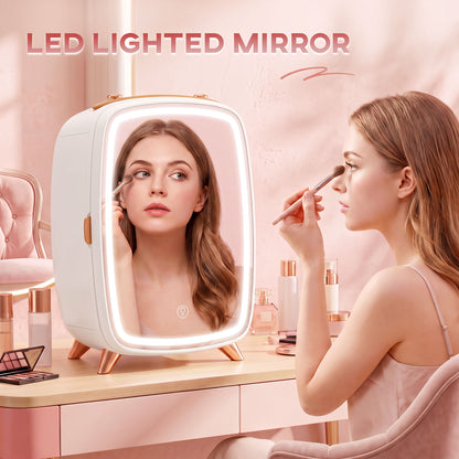 Skincare Refrigerator, 6L Mini Cosmetic Fridge with LED Mirror, Cooling Function for Bedroom, Skincare, Office, White