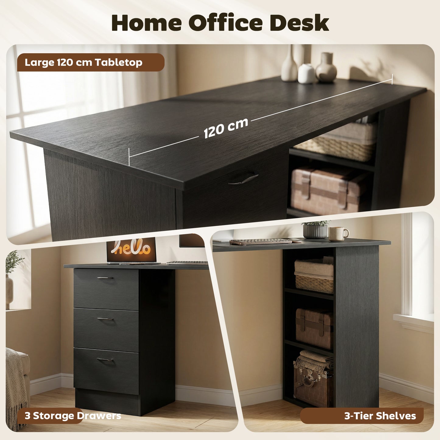 Computer Desk, Writing Table, PC Workstation with 3 Storage Shelves and Drawers, Handle, for Home Office, Black