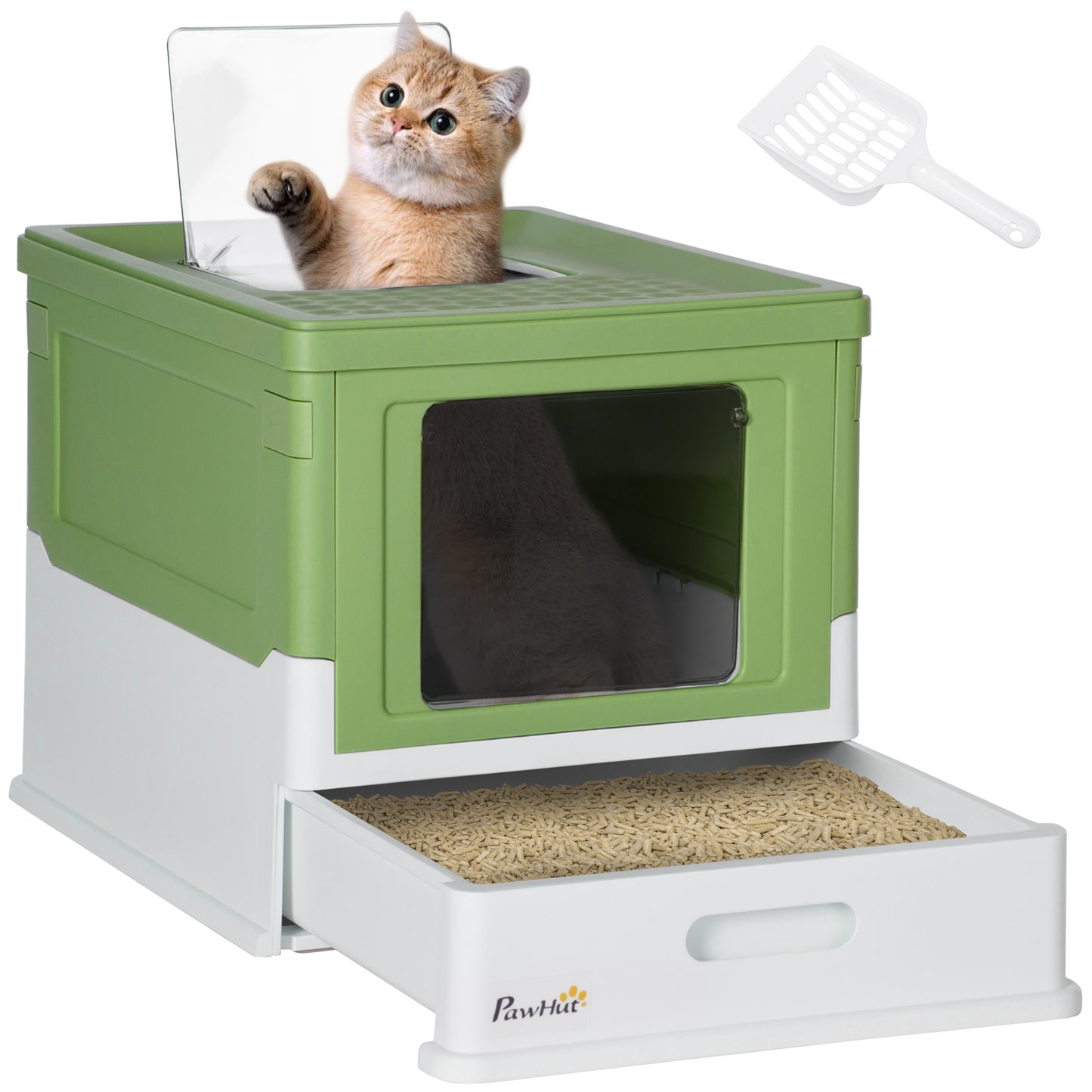Hooded Cat Litter Box, Portable Pet Toilet, with Scoop, Front Entry - Emerald Green