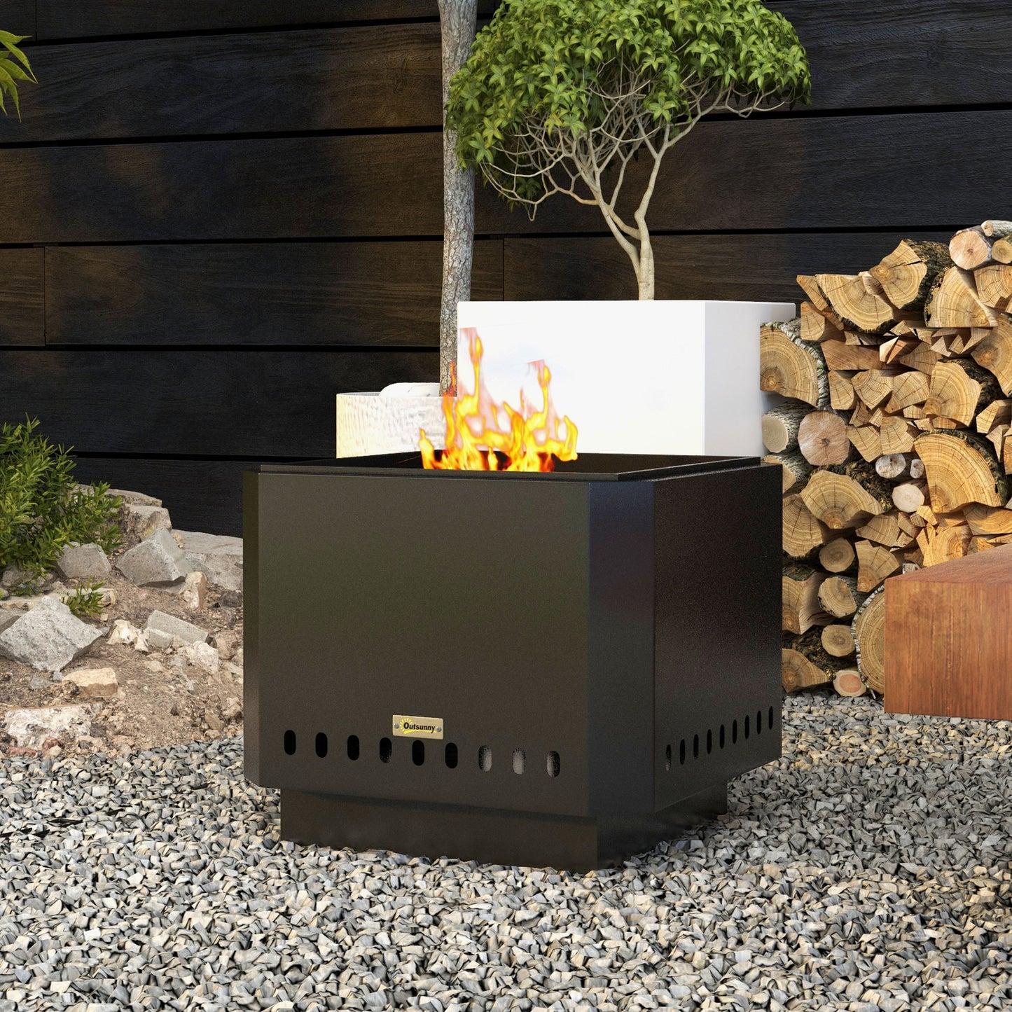 Smokeless Fire Pit, 48 cm Portable Wood Burning Firepit, Square Metal Bonfire Stove with Poker, Black