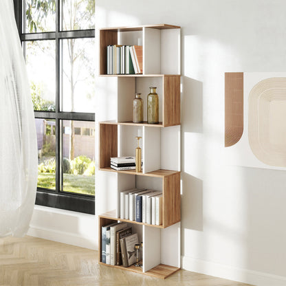 Bookcase, S-Shaped Wooden Bookshelf, 5/6 Tiers Freestanding Storage Shelf, Home Office Decorative Display Stand Rack