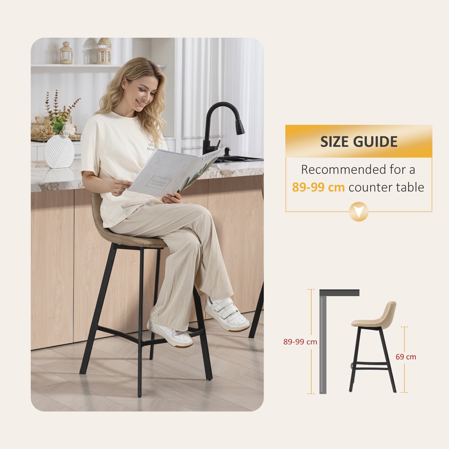 Bar Stools Set of 2, PU Leather Dining Stools with Backrest, Footrest, for Kitchen, Counter, Breakfast Bar, Light Brown