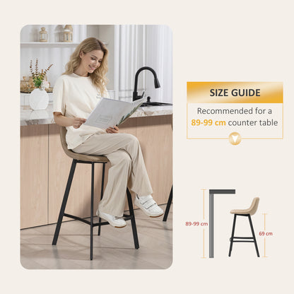 Bar Stools Set of 2, PU Leather Dining Stools with Backrest, Footrest, for Kitchen, Counter, Breakfast Bar, Light Brown