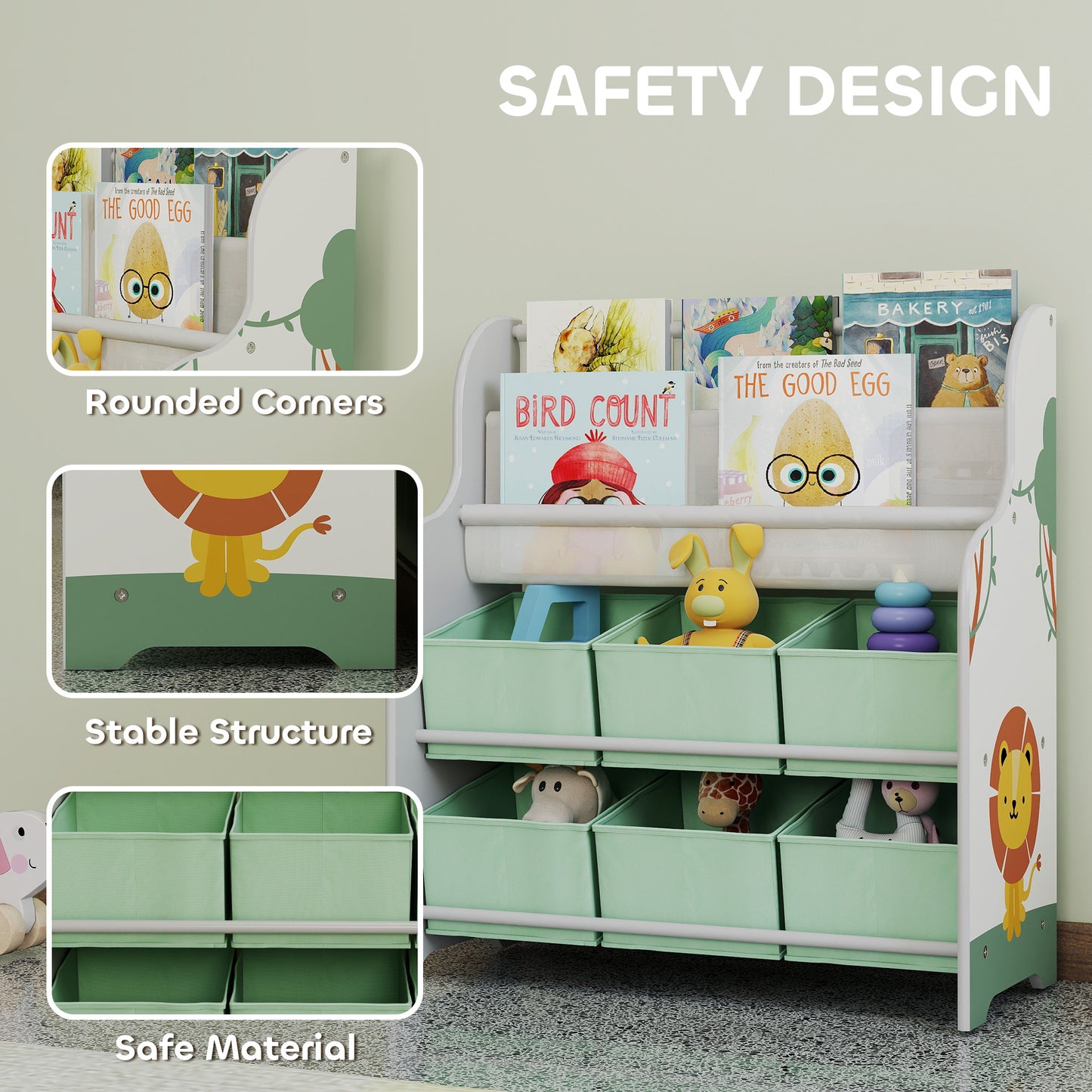 Kids Storage Unit, Toy Organiser with 6 Fabric Drawers and 2-Tier Sling Book Rack for Bedroom, Playroom, Nursery, Green