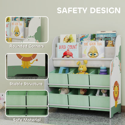 Kids Storage Unit, Toy Organiser with 6 Fabric Drawers and 2-Tier Sling Book Rack for Bedroom, Playroom, Nursery, Green