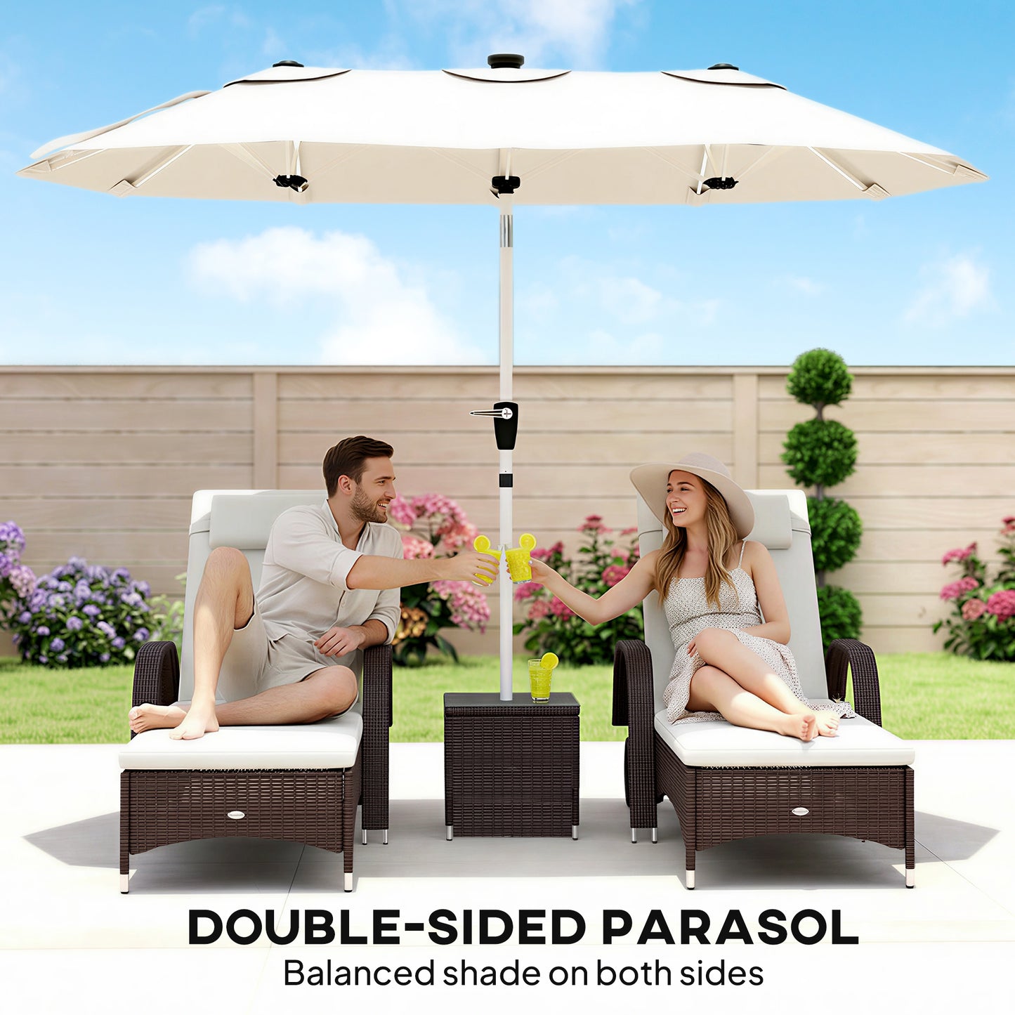3 m Double-Sided Garden Parasol with LED Solar Lights, Tilt, Outdoor Extra Large Sun Umbrella with Crank Handle, Cream