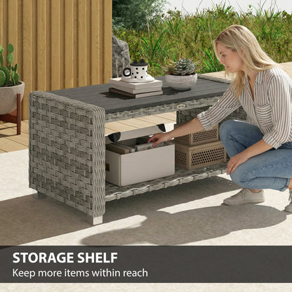 Outdoor Coffee Table with Storage Shelf, PE Rattan Side Table with Slatted Top and Foot Pads, Grey