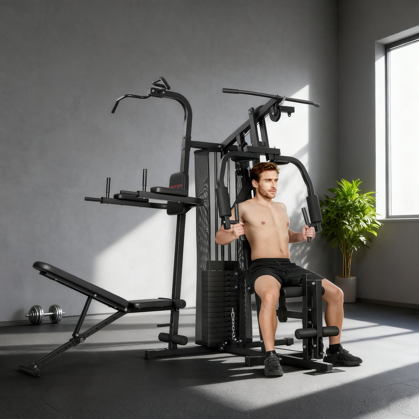 All-in-One Home Gym Machine, Multifunctional Power Cage with 69 kg Weight Stack and Pulley System, Black