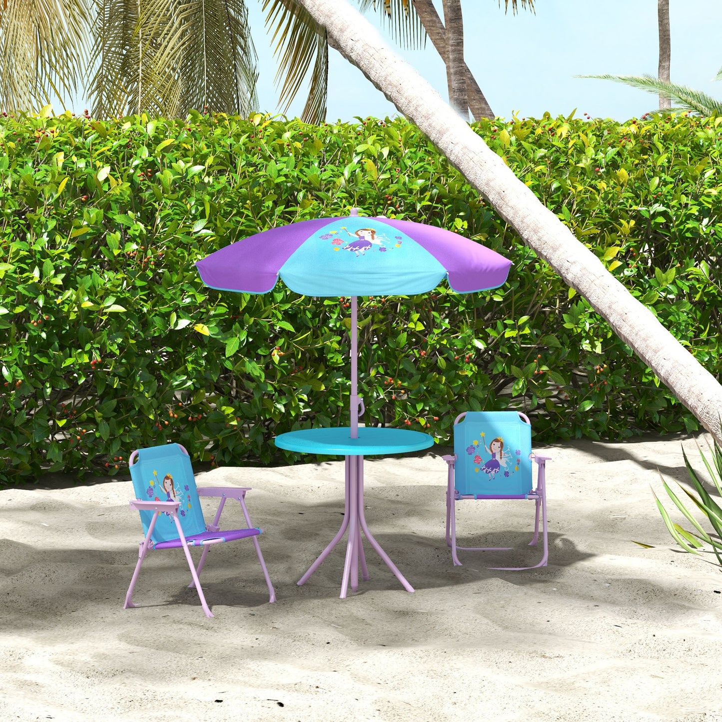 Kids Picnic Table and Chair Set, Fairy Themed Outdoor Garden Furniture w/ Foldable Chairs, Adjustable Parasol