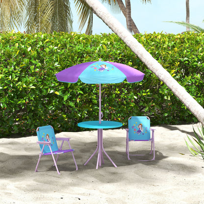 Kids Picnic Table and Chair Set, Fairy Themed Outdoor Garden Furniture w/ Foldable Chairs, Adjustable Parasol