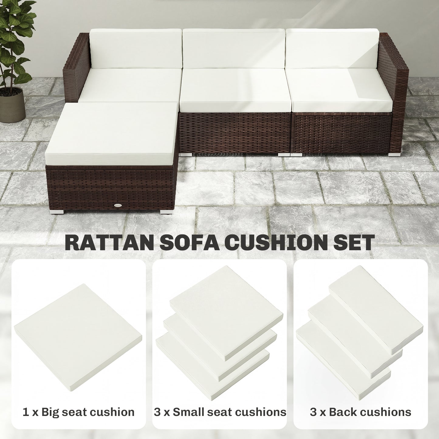 7-Piece Patio Furniture Cushions, Outdoor Loveseat Cushion with Removable Covers for Rattan Furniture, 60x60 cm, Cream