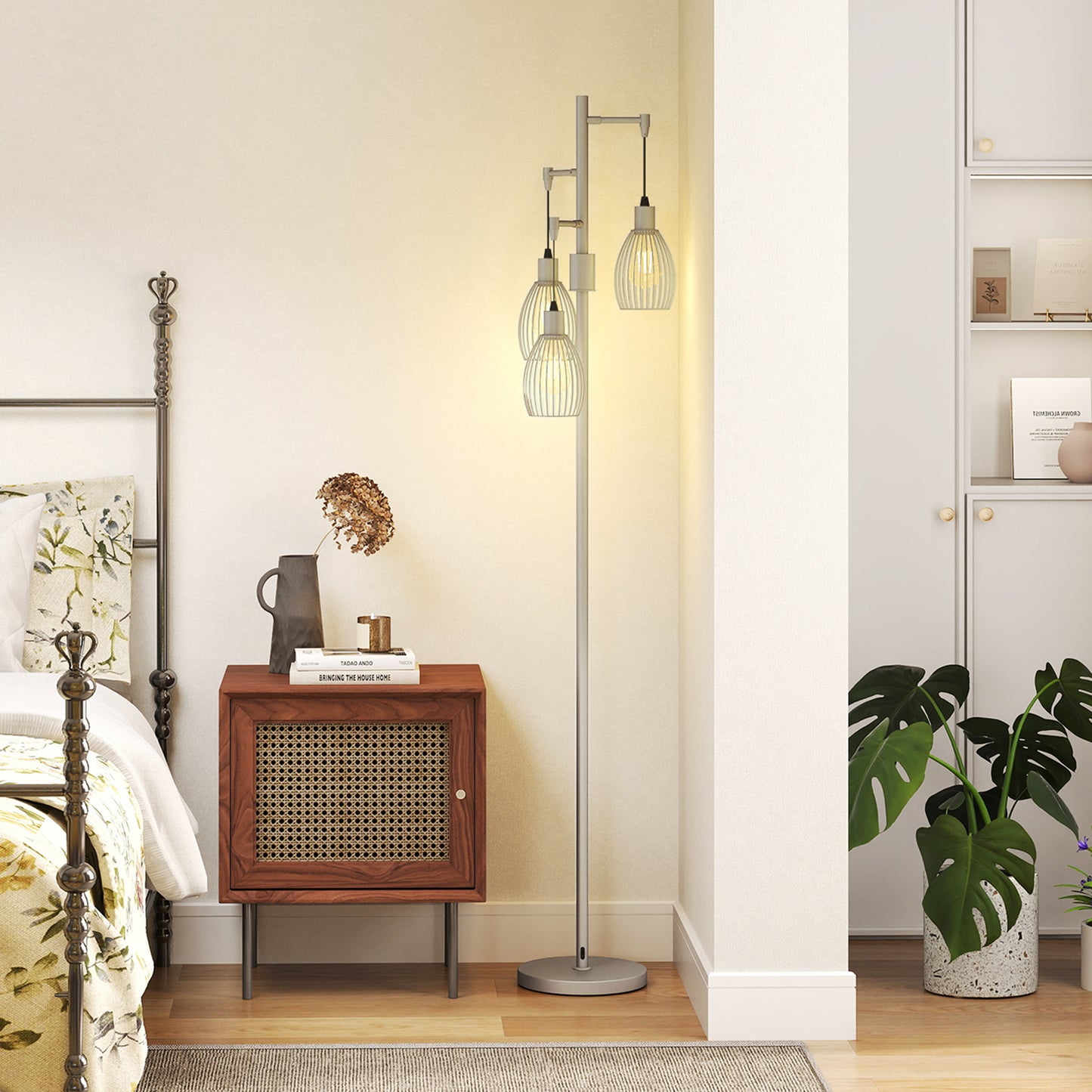 3-Light Floor Lamp, 170cm Industrial Dimmable Standing Lamp with Steel Wire Cage Lampshades for Living Room, Bedroom