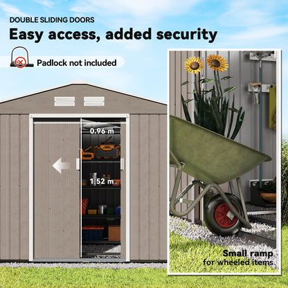 9 x 6ft Steel Garden Shed, Outdoor Storage Tool House with Vents, Foundation and Lockable Double Doors, Brown