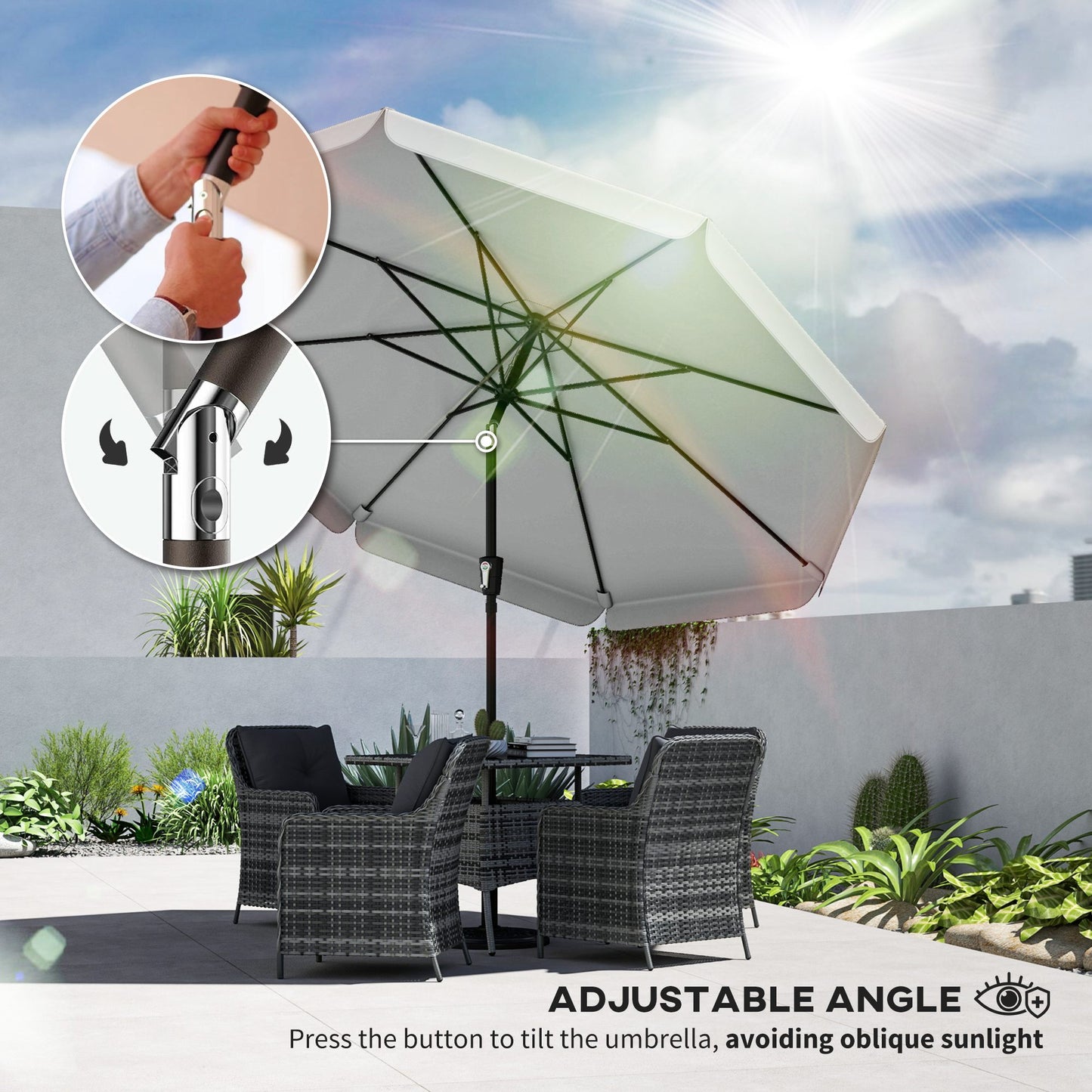 3 m Garden Parasol with Tilt Mechanism & Crank Handle, UPF 30+ Patio Umbrella Outdoor Table Umbrella, Light Grey