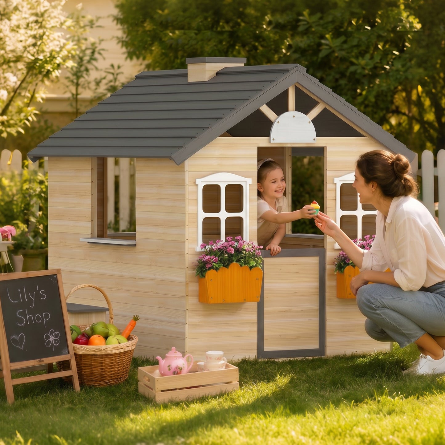 Wooden Playhouse for Kids Outdoor Wendy House with Door, windows, Bench, Service Stations, Flowerpot Holder